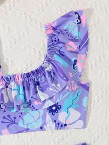 SHEIN Tween Girls Purple Floral Print Bikini Sets,Cute Tropical Flower Pattern Ruffled Two-Piece Swimsuit,Knit Fabric Princess Style Summer Beach Holiday - Purple - View 4