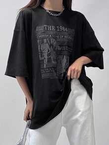 DAZY Women's Character Slogan Printed Drop Shoulder Loose T-Shirt Graphic Tee Oversized T-Shirt - Black - View 2