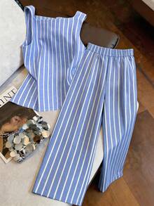 GlowEve CURVE Plus Size Women Casual Commuter Striped Tank Top & Pants Set - Blue and White - View 2