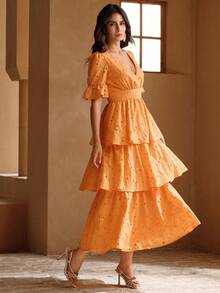Anewsta Elegant V-Neck Orange Woven Vacation Dress For Women - Orange - View 7