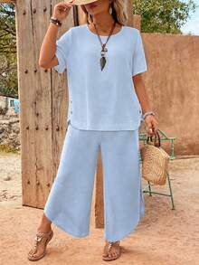 EMERY ROSE Plus Size Women's Baby Blue Contrast Color Casual Smart Casual Top Pants 2 Pieces Set Vacation Summer - Baby Blue - View 3
