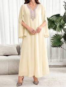 Al Najma Vestido feminino elegante de estilo árabe com apliques em patchwork, manga flare e fenda. - Amarelo - Ver 4