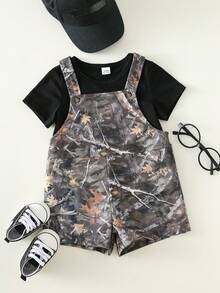 SHEIN Bubblio Unisex Baby 2pcs/Set Casual Fashion Black Short Sleeve T-Shirt And Camouflage Bib Shorts Overalls Set, Spring/Summer Baby Boy Clothes, Outfit Set, Streetwear Camo Baby Outfits Boy Outfit Sets Summer Black Toddler Boy Outfit Set - Black - View 3