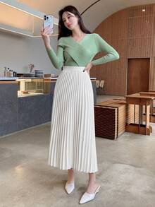 DAZY Elegant Pleated A-Line Skirt, Spring/Fall - White - View 5