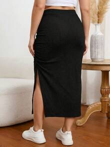 SHEIN Tall CURVE 大码休闲纯色百褶高开衩半身裙 - 黑色 - 查看 5