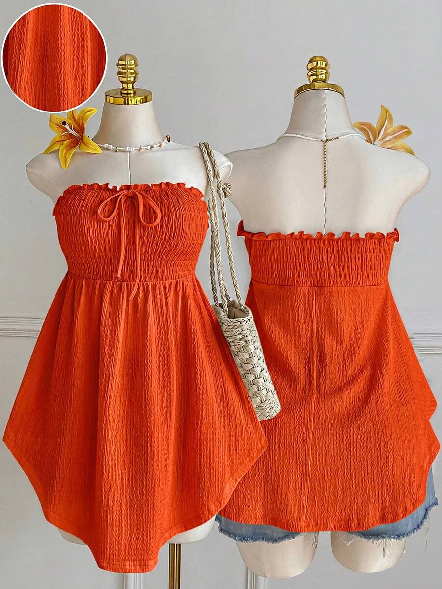 Comfortcana Blusa sin mangas con volantes, dobladillo asimétrico y encaje, con lazo delantero, talla grande, para primavera/verano - Naranja - Ver 1