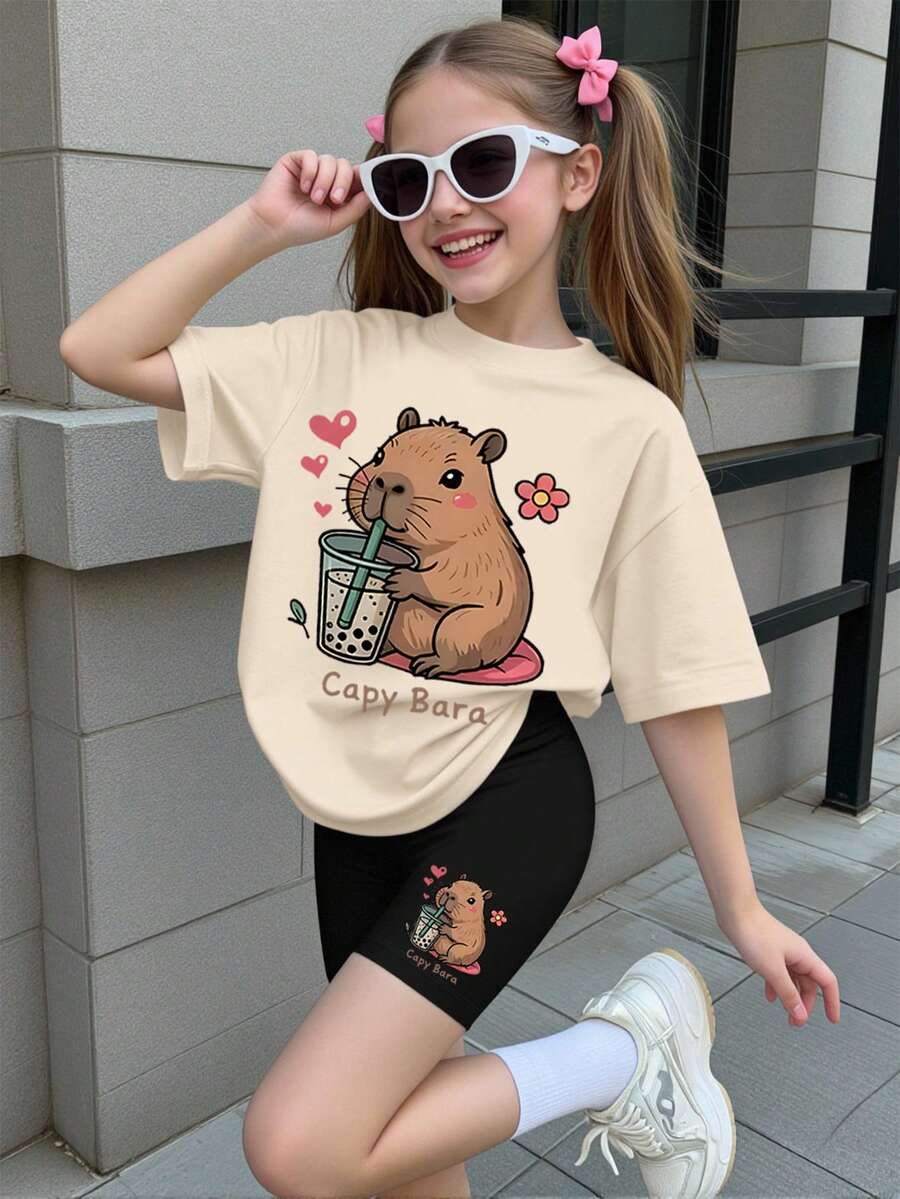 Spring And Summer Tween Girls Casual Fashion Creative Personalized High-End Refreshing Leopard Print Patchwork Graphic Letter Print Relaxed Back-To-School - Multicolor - View 1