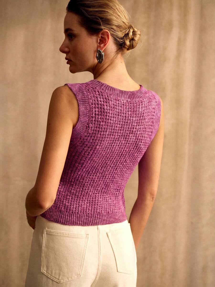 MOTF PREMIUM FRENCH RETRO EUROPEAN AND AMERICAN STYLE SLEEVELESS HOLLOW OUT KNIT TOP - Hot Pink - View 2