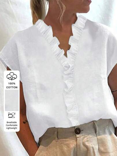 EMERY ROSE Women's Elegant And Casual Summer Casual White Blouse - V Neck Ruffle Trim Cap Sleeve Top, Elegant Ruffled Front Shirt, Lightweight Breathable Office Work & Vacation Outfit For Ladies,Perfect For Office Work, Beach Vacation And Daily Wear