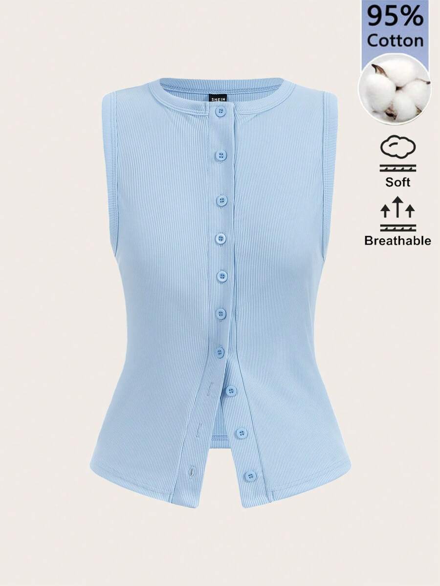 SHEIN BASICS 女款純色極簡無袖背心，休閒日常穿著夏季女用淺藍色