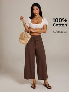 SHEIN PETITE 女士休闲棉麻混纺九分裤，卡其色，适合返校、教师制服、秋季穿着，松紧腰设计，棕色阔腿裤，女士亚麻裤，宽松裤 - 棕色 - 查看 5