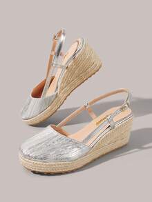 Styleloop Giày nữ màu hồng mơ, chất liệu dây gai rỗng, kiểu dáng sandal đế xuồng mũi nhọn, quai ngang, nhẹ, giúp tăng chiều cao, thích hợp cho dự tiệc, du lịch, phong cách bohemian, nghỉ dưỡng, mùa hè, đồ dùng cần thiết khi đi du lịch. - Bạc - Xem 4
