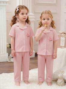 Young Girls' Striped Short Sleeve Pajama Set, Embroidered Rabbit Pocket, Spring/Summer/Autumn - Rose Red - View 1