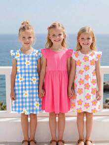 SHEIN Elladie kids 3件組少女花卉與格紋印花荷葉袖A字洋裝，甜美可愛，適合夏季戶外穿著 - 彩色 - 查看 2