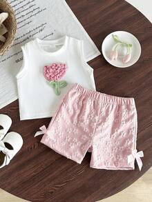 SHEIN Baby Mädchen süß niedlich 3D Blumen Dekor Rundhals T-Shirt und bestickte Schleife Shorts Set - Pink - Übersicht 4