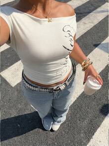 Muchica Plus Size White Casual Letter Print Off-Shoulder Bodycon T-Shirt - White - View 3