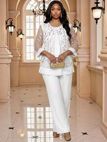 Fleurora Plus Size Sequin Embroidery Mesh Patchwork Top And Pants 2 Pieces Set - White - View 5