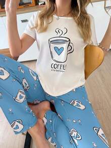 SweetSlumber Conjunto de pijama de mujer con estampado de taza de café con forma de corazón - Multicolor - Ver 4