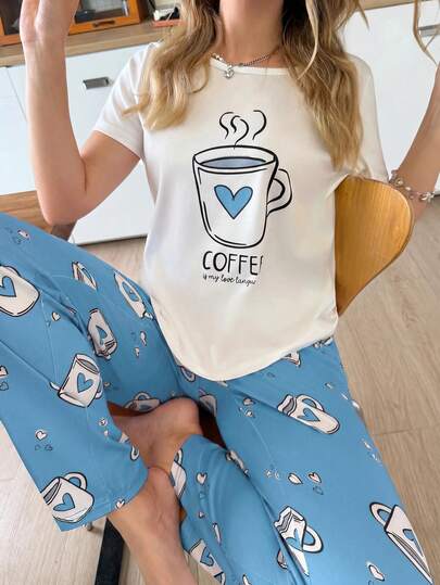 SweetSlumber Bộ đồ ngủ nữ họa tiết cốc cà phê hình trái tim