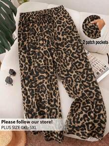 SHEIN Frenchy Plus Size Women's Spring/Summer New Leopard Print Beach Shorts, Suitable For Occasions Like Valentine's Day, Fashionable For Commuting, Leopard Wide-Leg Shorts With Pockets. Essential For Beach Vacation/College Student Holiday - Brown - View 2