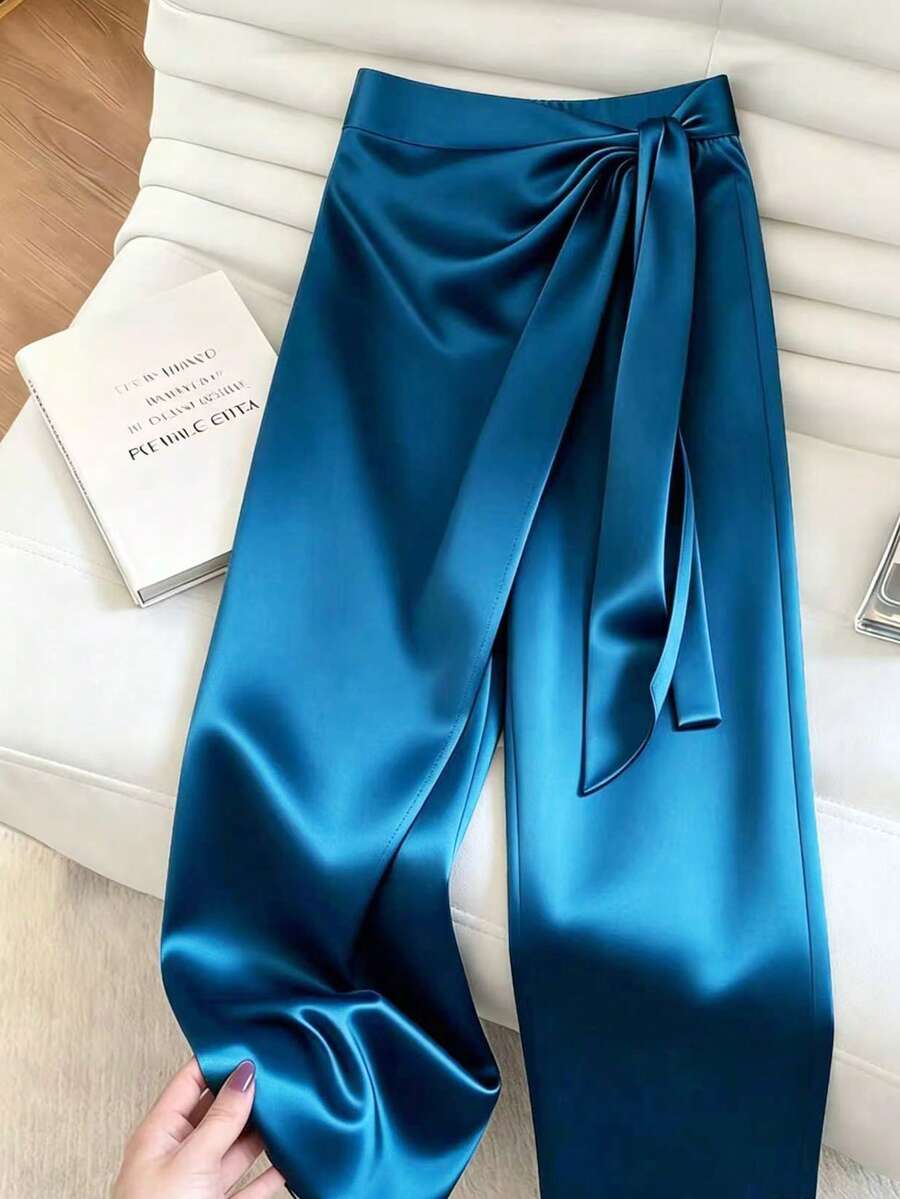 Franclia Quần dài satin thanh lịch dành cho nữ, quần ống rộng bất đối xứng buộc dây cao cấp bóng bẩy, thích hợp cho mùa xuân, hè và đầu thu. - Màu xanh ngọc - Xem 1
