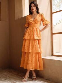Anewsta Elegant V-Neck Orange Woven Vacation Dress For Women - Orange - View 4