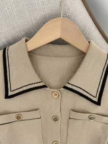 GlowEve Women's Collared Contrast Trim Short Sleeve Striped Single-Breasted Button-Up Cardigan With Dual Pockets - Multicolor - View 3