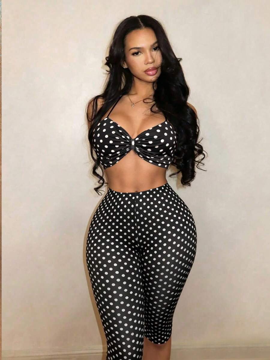 SHEIN PETITE 2pcs/Set Summer Sexy Polka Dot Print Backless Halter Crop Top And Shorts - Multicolor - View 1