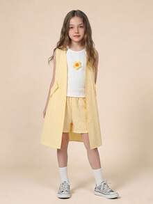 SHEIN Elladie kids 女童夏季三件套：無袖短版上衣、直筒短褲及薄針織外套，附腰帶裝飾，休閒舒適 - 黃色 - 查看 4