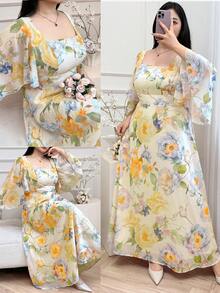 SHEIN CURVE+ Plus Size Elegant Floral Print Long Dress - Multicolor - View 7