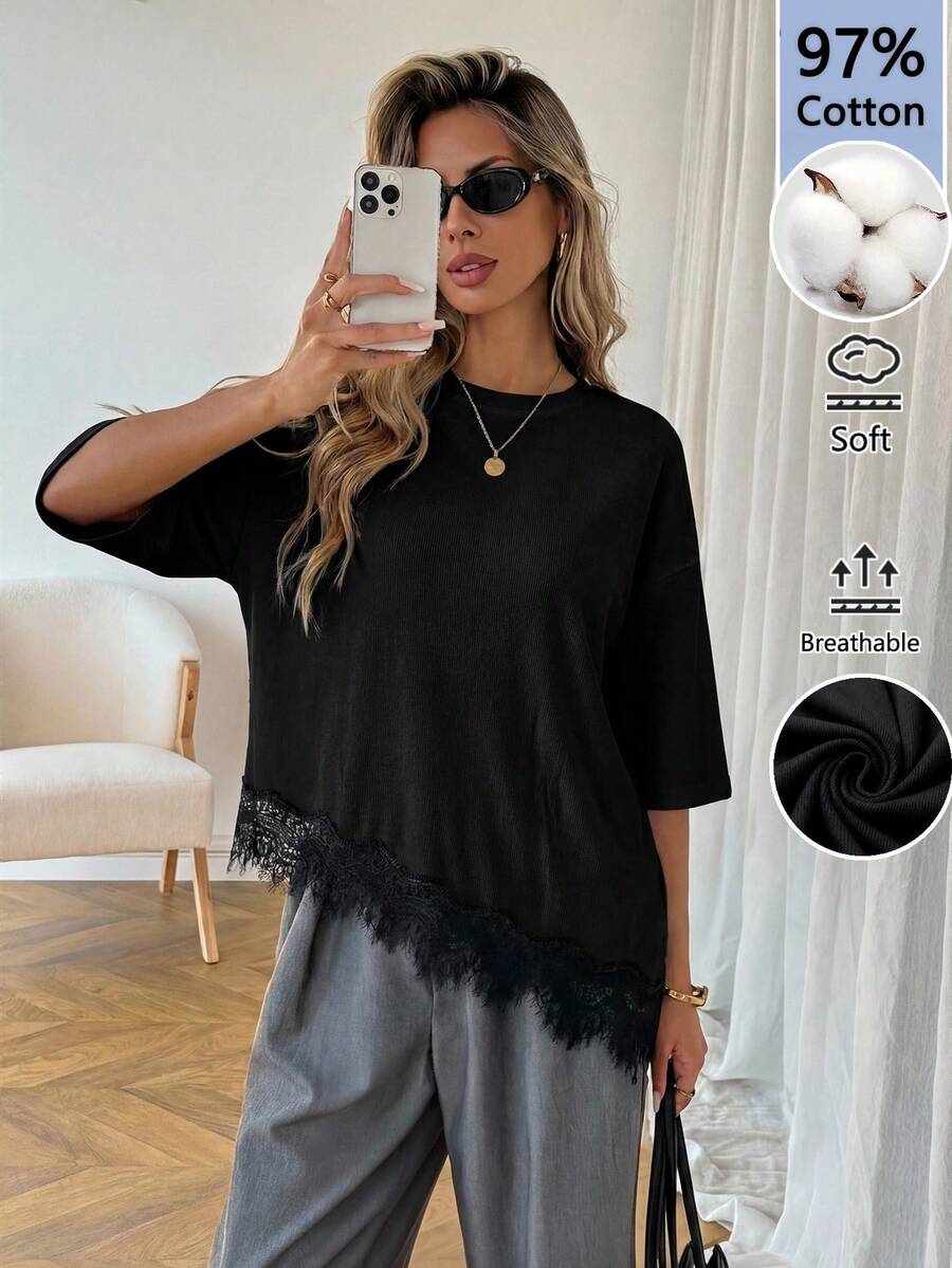 SHEIN LUNE Áo thun nữ chất liệu cotton trơn màu, có họa tiết, vạt áo bất đối xứng, phối ren, kiểu dáng thường ngày, dễ phối đồ, phù hợp cho mùa xuân/hè, đi nghỉ mát, đi biển và các dịp khác. - màu đen - Xem 1