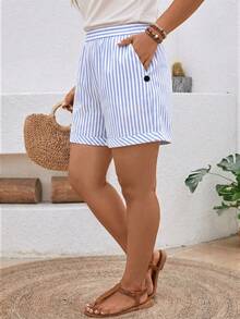 SHEIN LUNE CURVE Plus Size Summer Casual Versatile Striped Pocket Shorts - Blue and White - View 4