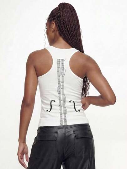 ROMWE Grunge Punk Spring/Summer Y2K Punk Indie Sleaze Violin String Print Sheer Camisole