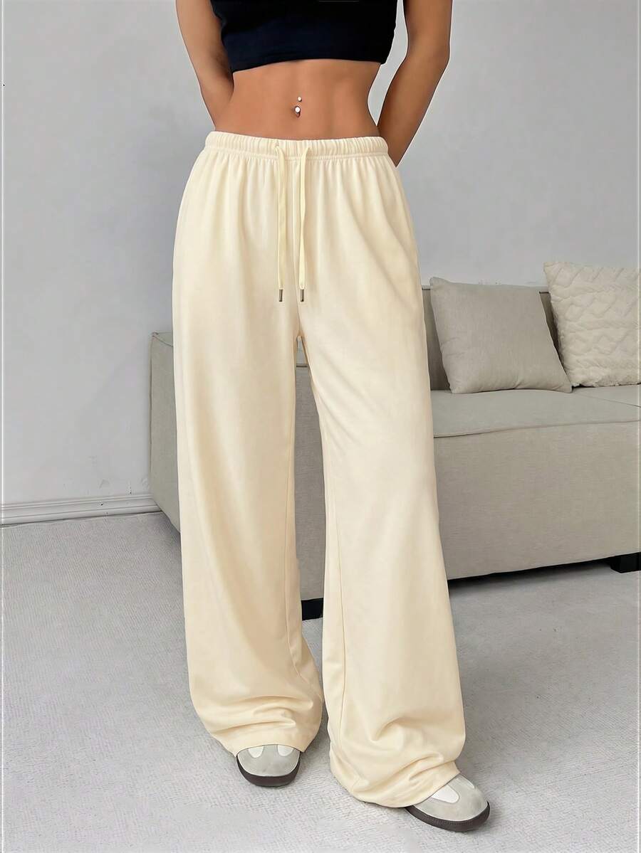 SHEIN EZwear 大码纯色抽绳休闲运动裤,适合毕业季、返校季和教师穿着,浅黄色 - 黃色 - 查看 1