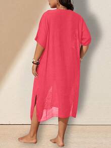 Swim Lushoire Baju Penutup Pantai Rajutan Tangan Leher V Ukuran Besar untuk Liburan Pantai, Gaya Boho Musim Panas - Watermelon Pink - View 2
