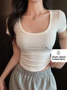 DAZY Women's Summer Scoop Neck Rhinestone Allover Print Slim Fit Casual Short Sleeve T-Shirt - White - View 12
