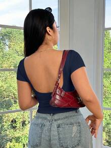 SHEIN EZwear Plus Size Solid Color Backless Fitted Summer Navy Blue Short Sleeve T-Shirt - Navy Blue - View 3