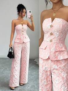 Elenzga Women's Jacquard Bandeau Top And Wide Leg Pants Casual Everyday Set - Pink - View 3