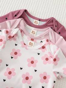 Cozy Pixies Set 6 Potong untuk Bayi Perempuan Baru Lahir: Romper Lengan Pendek Leher Bulat Lembut Motif Hati & Celana Pinggang Elastis - Berwarna merah muda - View 3