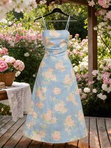GlowEve CURVE Women's Floral Print Denim Cami Dress Party Light Blue Autumn Cottagecore Casual - Blue - View 1