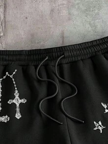 AXEPEAK Men's Casual Fashion Street Virgin Mary Cross Print Drawstring Waist Loose Shorts, Summer - Black - View 3