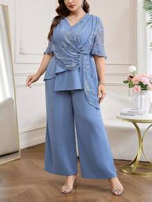 Reflora Plus Size Women's 2 Pieces Set,Elegant Blue And White Embroidered Summer Outfits,Charming Suits For Wedding Graduation Ceremony,Elegant Set - Blue - View 5