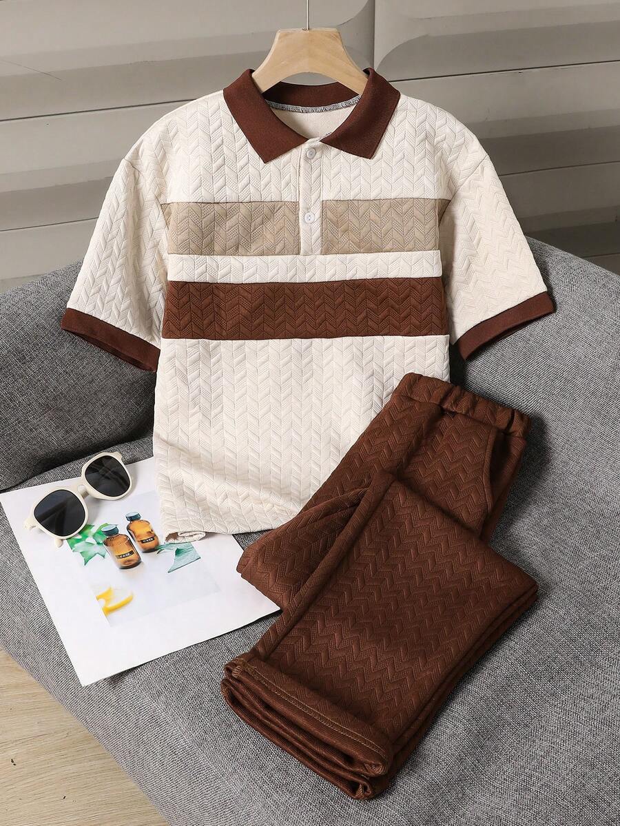 SHEIN 两件套男童休闲撞色拼接Polo衫套装,短袖撞色Polo衫+长裤,优雅正式的服装,适合生日派对、婚礼、毕业典礼、日常上学/周末穿着。 - 咖啡棕 - 查看 1