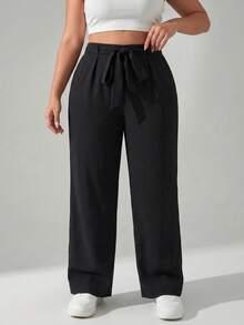 SHEIN PETITE CURVE Quần dài nữ cỡ lớn màu đen kiểu dáng thường ngày có dây buộc eo - màu đen - Xem 9