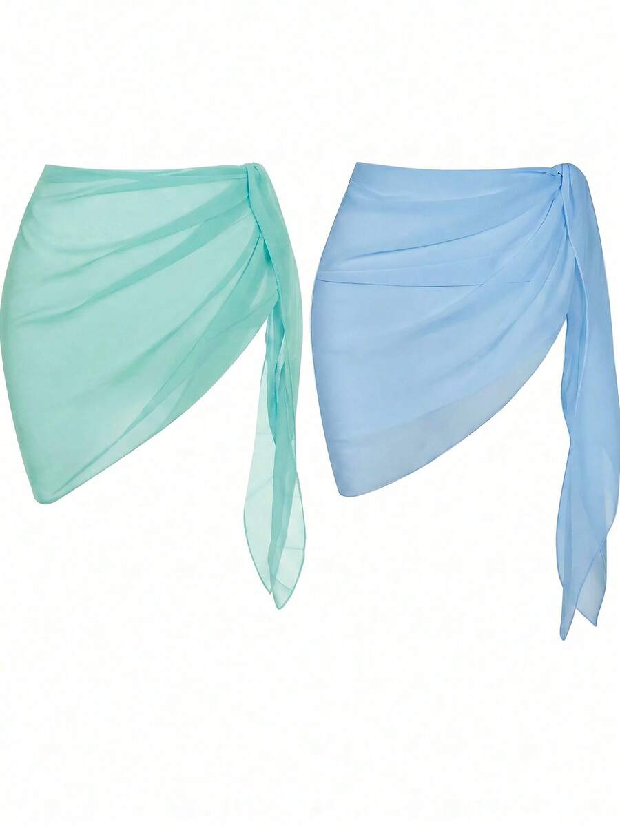 Swim Basics 女士纯色系带腰部罩衫和迷你裙两件套,度假装 - 彩色 - 查看 1