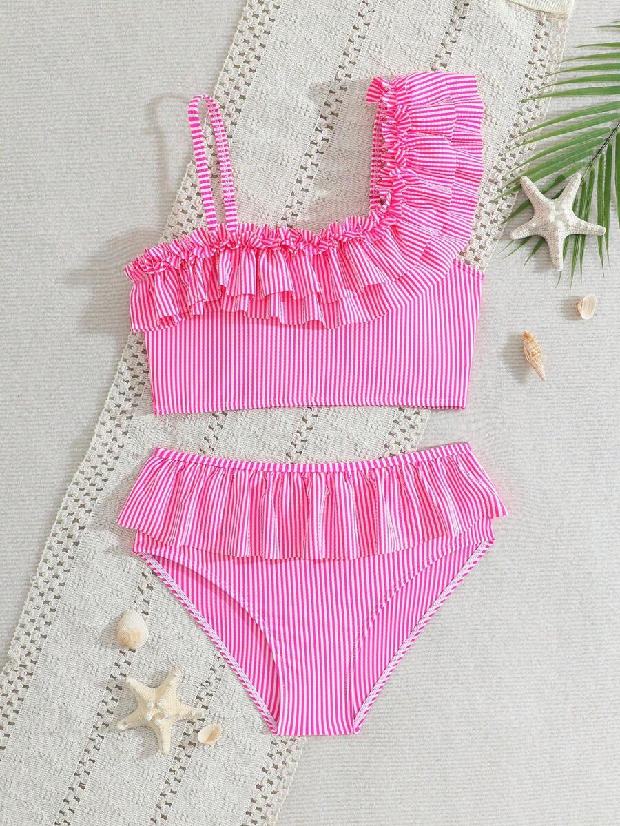 SHEIN Tween Girls Bikini Sets, Green & White Striped Cute Ruffled Asymmetric Shoulder Adjustable Strap Ruffled Hem Triangle Swimwear 2-Piece Swimwear Set - Hot Pink - View 1