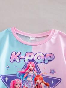 SHEIN Kids 2pcs/Set Young Girl Casual Sports Style K-Pop Cartoon Starry Sky Print Short Sleeve Top And Shorts Set,Light Pink,Summer Back To School - Pink - View 6