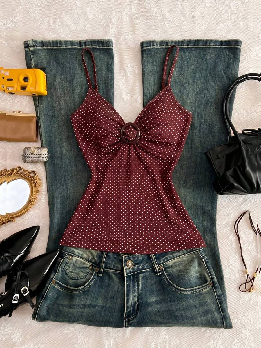 Elamini Women's Polka Dot Decorated Casual Tank Top, Suitable For Daily Wear And Vacation - Brown - View 1