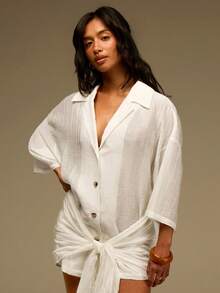 Athîral Women's Holiday Casual Shirt Set, Summer White Outfit, Beach Holiday Outfit, Semi Transparent Shirt Set, Date Party Outfit, Daily Outfit, - White - View 6