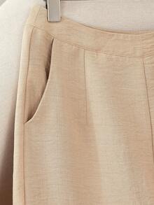 Elenzga Women's New Casual Wide Leg Pants, Textured Linen-Like Fabric, Button Decor, Khaki Color, Suitable For Daily, Vacation, Commute, Spring & Summer, Wide Leg Pants - Khaki - View 4